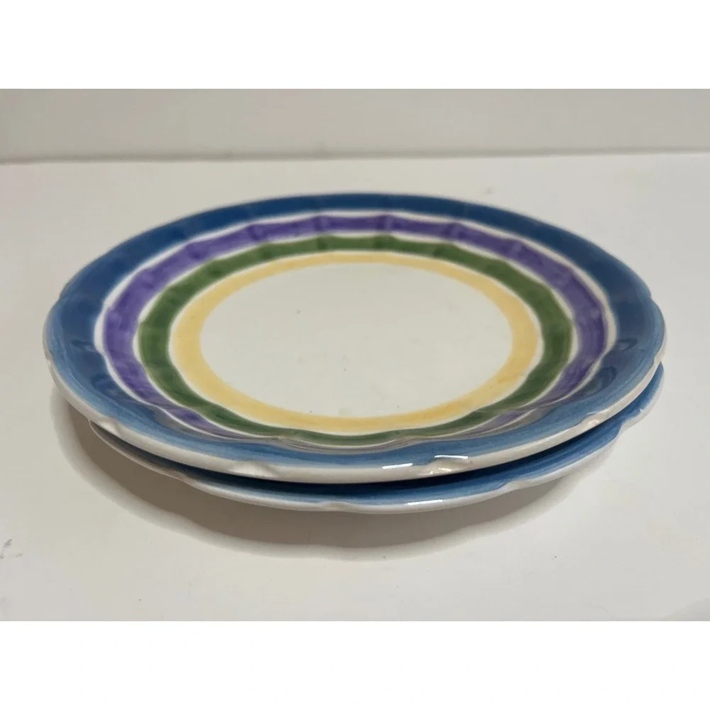 Gibson Everyday Hand Painted Scalloped Salad Plates Set of 2 Blue Green